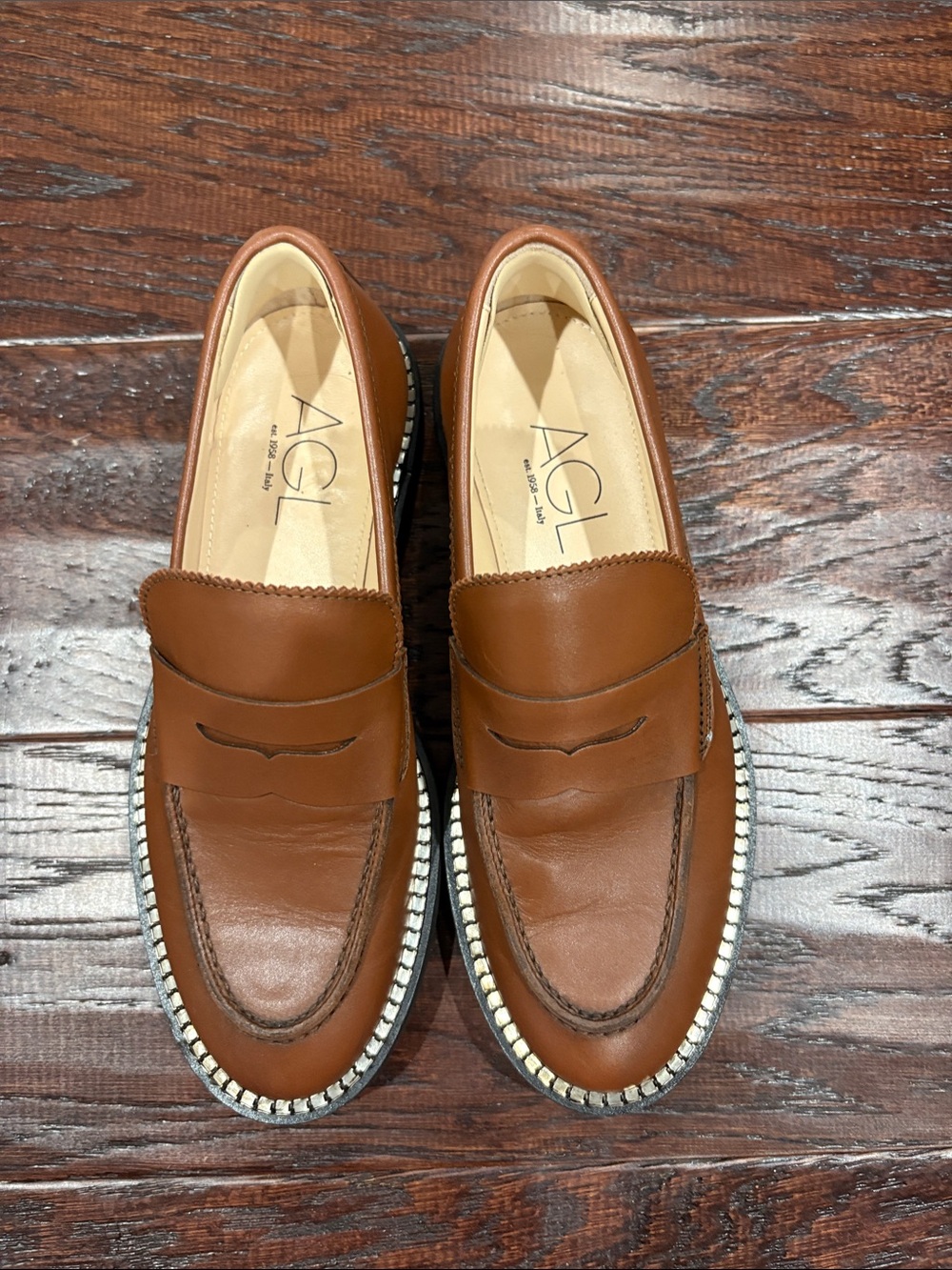 AGL Tan Leather Penny Loafers with Studded Trim